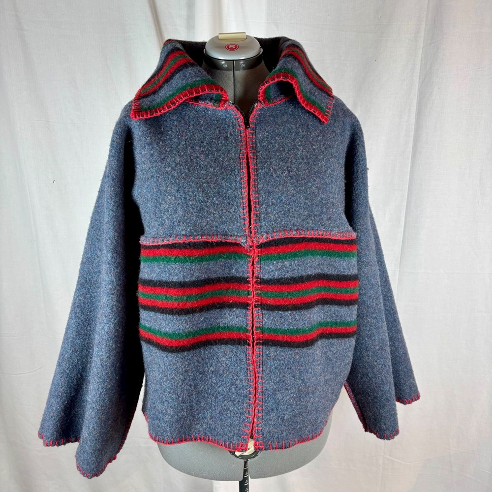 Handmade Gray Stripe Bog Jacket Zip Up from Pendleton Wool Blanket  | Woman's XL - Picture 3 of 15